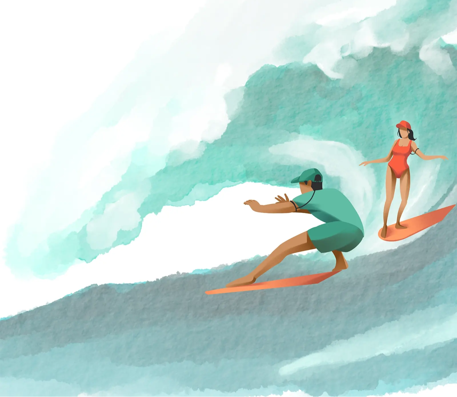 Surfers with caps in a big wave